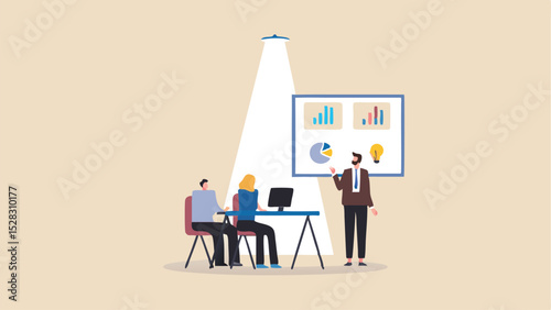 Illustration of a business meeting with a presentation and audience under a spotlight effect light