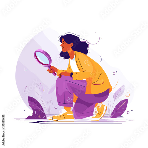Discovering the Details: A woman meticulously examines a magnified view through a magnifying glass, representing a focus on investigation, research, or keen observation.
