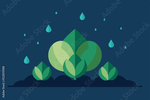 Vector illustration of green leaves in rain