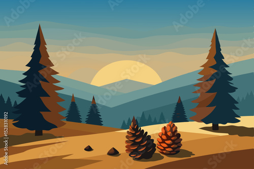 Vector illustration of pine trees and pine cones at sunset