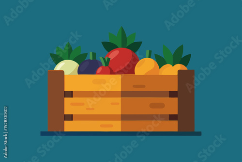Vector illustration of a wooden crate filled with colorful fruits