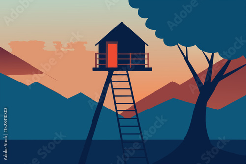 Vector illustration of a treehouse with ladder and mountain landscape