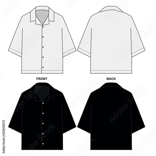 Vector set of pajama shirt designs, front and back view. Sketch of unisex summer shirt with short sleeves, black and white colors. Blank button-down shirt template.