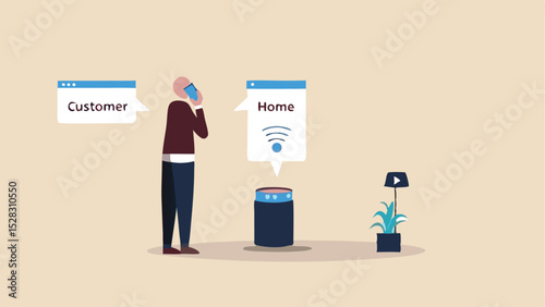 Man on phone with customer service and smart home device with a plant and video display nearby