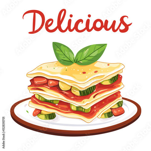 Vector Lasagna Slice with Basil and “Delicious” Text