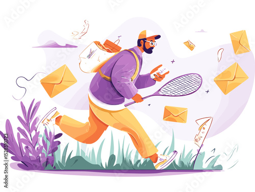 Running Man with Email: A vibrant illustration of a man running swiftly, carrying a large backpack filled with emails, skillfully wielding a tennis racquet to fend off incoming messages.