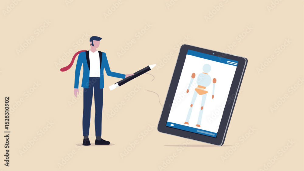 Fototapeta premium Man in suit uses magic wand to interact with skeleton displayed on digital tablet device screen image