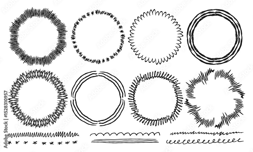 Eight round handwritten frames and six decorative stripes, underlines. Black doodles, squiggles on a white background. Vector set