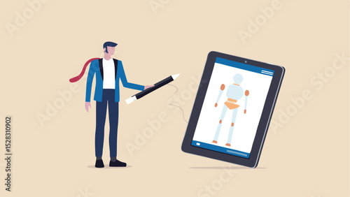 Man in suit uses magic wand to interact with skeleton displayed on digital tablet device screen image