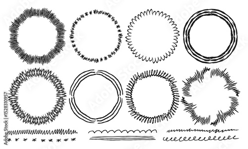 Eight round handwritten frames and six decorative stripes, underlines. Black doodles, squiggles on a white background. Vector set