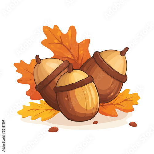 Autumn Acorns On Ground illustration vector 2D flat, isolated on a white background.