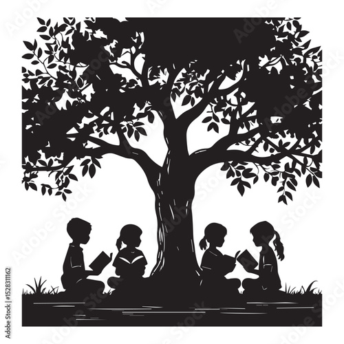 Silhouette of children reading under a tree