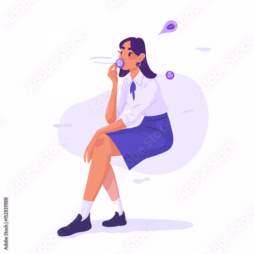 Bubble Dreamer: A young female figure, seated and lost in thought, gently blows iridescent bubbles. Capturing a moment of peaceful reflection.