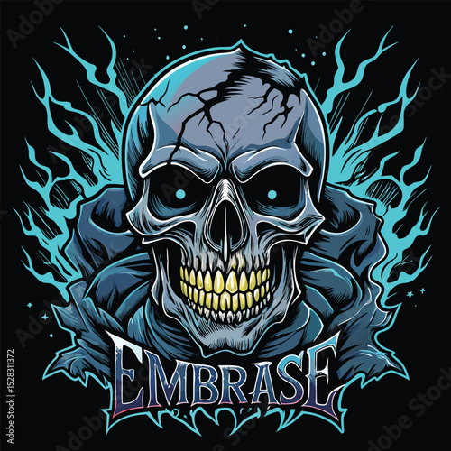Dark Electric Skull Illustration with Blue Lightning and Glowing Yellow Aura on Black Background

