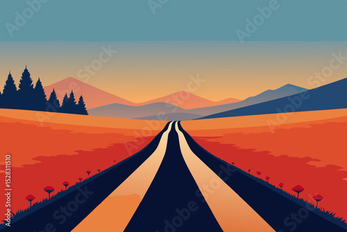 Vector illustration of a desert highway road landscape at sunset