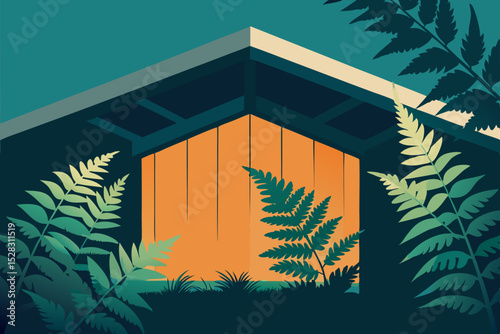 Vector illustration of a wooden shed with ferns