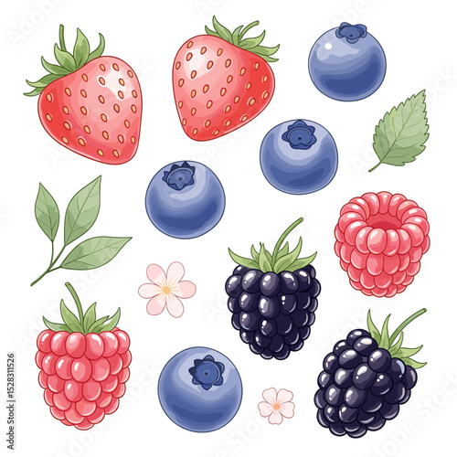 Vibrant Berry Collection: A colorful assortment of fresh, ripe berries including strawberries, blueberries, raspberries, and blackberries, presented in a visually appealing arrangement.