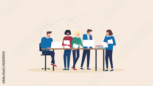 People working together at a long desk with laptops and documents in a light colored office space setting