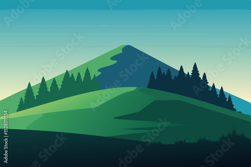 Vector illustration of green mountain landscape with trees