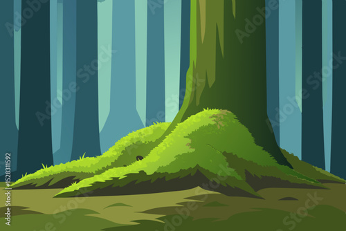 Vector illustration of a tree trunk with moss