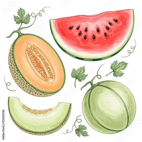 Fresh Melons and Watermelon Slices: A vibrant and appetizing selection of fresh melon and watermelon, showcasing juicy slices and the natural appeal of summer fruits, ripe for culinary inspiration.