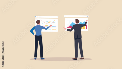 Two business professionals presenting data graphs on whiteboards in a meeting setting indoors today