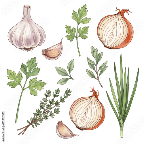 Fresh Kitchen Ingredients: A collection of vibrant and appetizing ingredients, perfect for culinary projects. The image showcases the beauty of raw components in detailed illustration.