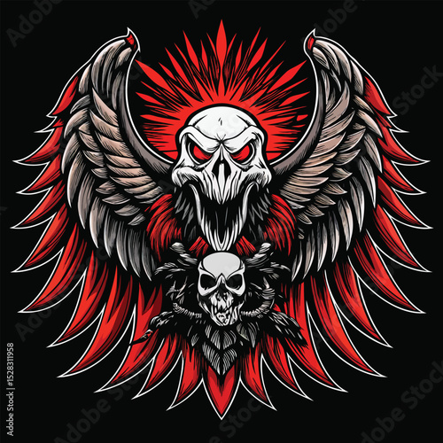 Winged tribal eagle head with a gothic skull design and a fiery rock emblem
