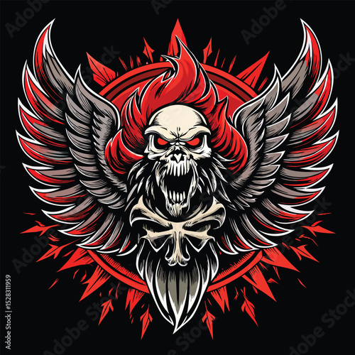 Winged tribal eagle head with a gothic skull design and a fiery rock emblem