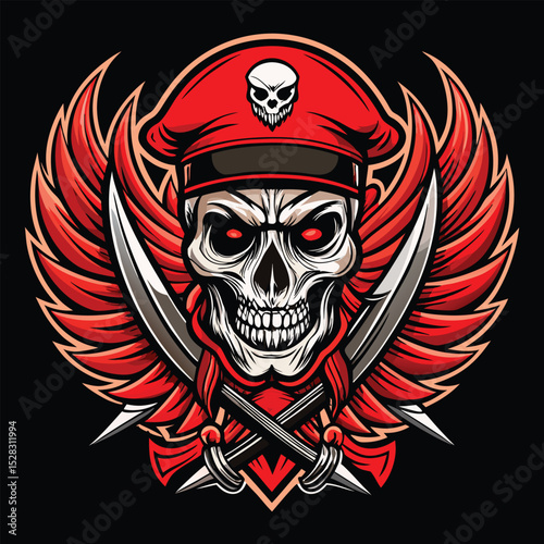 Skull Soldier Emblem with Red Beret, Wings, and Crossed Swords in Aggressive Mascot Style
