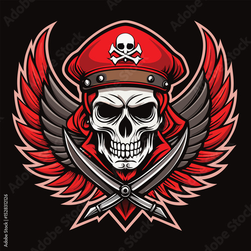 Skull Soldier Emblem with Red Beret, Wings, and Crossed Swords in Aggressive Mascot Style
