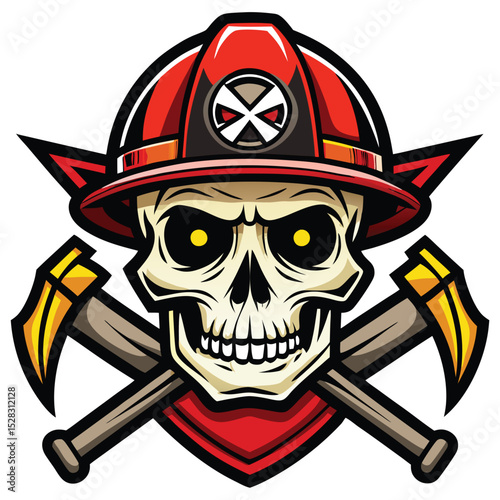 Skull Firefighter Emblem with Red Helmet and Crossed Axes Mascot Style Illustration
