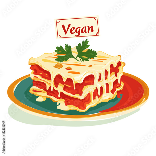 Vegan Lasagna Slice with Tomato Sauce and Parsley