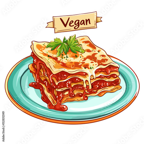Vegan Lasagna Slice with Tomato Sauce and Parsley