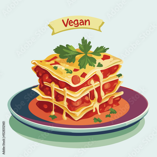 Vegan Lasagna Slice with Tomato Sauce and Parsley