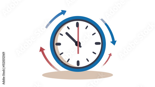 Clock with rotating arrows illustrating the passage of time in a cyclical manner shown in image