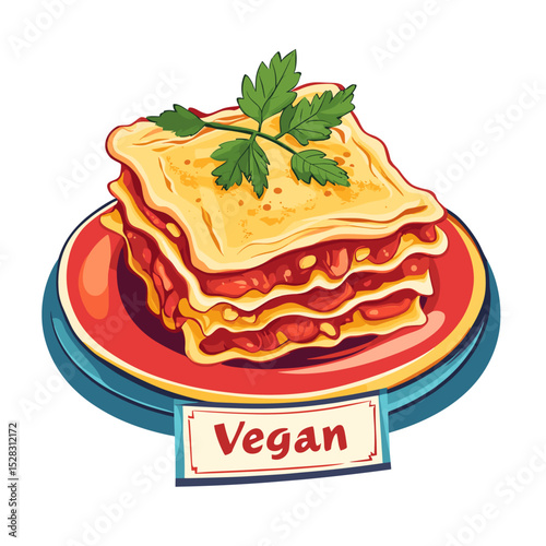 Vegan Lasagna Slice with Tomato Sauce and Parsley