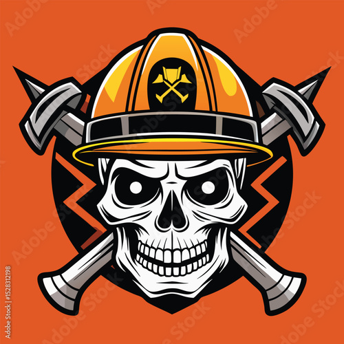 Skull Firefighter Emblem with Red Helmet and Crossed Axes Mascot Style Illustration
