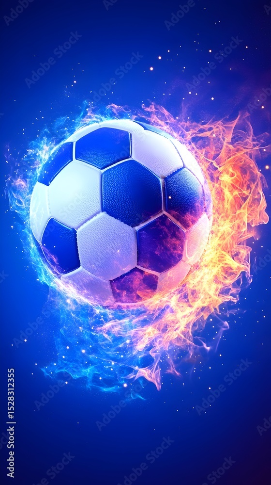 Naklejka premium A soccer ball engulfed in vibrant blue and orange flames against a deep blue backdrop, sparks illuminating the scene