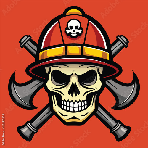 Skull Firefighter Emblem with Red Helmet and Crossed Axes Mascot Style Illustration
