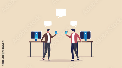 Two people holding smartphones with speech bubbles in front of computers on desks in an office