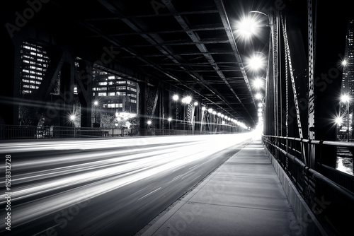 night shot of city bridge scene with street lights, motion blur and long exposure trails and grain, black and white