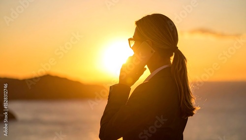 Businesswoman sunset call ocean view.