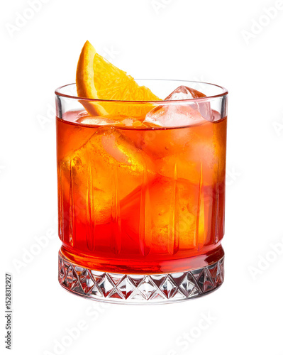 Negroni cocktail with orange slice and ice cubes on white background