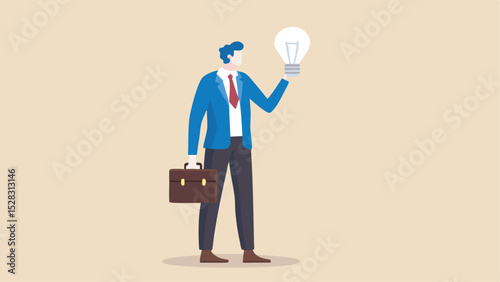 Man in suit holding a lightbulb and briefcase standing on a beige background in a flat illustration