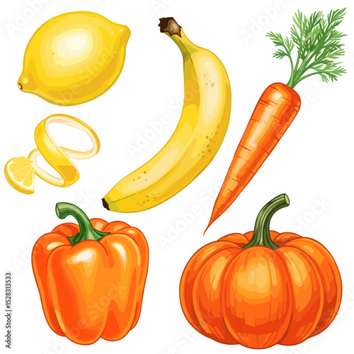 Vibrant Medley of Fresh Produce: A visually captivating assortment of fresh fruits and vegetables, showcasing a bright orange color scheme, perfect for culinary and health-related themes.