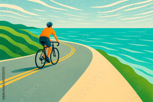 Cyclist’s Coastal Journey — an ultra-realistic, brightly colored graphic scene depicting a lone rider in vivid orange jersey pedaling along a winding seaside highway; the sweeping turquoise ocean