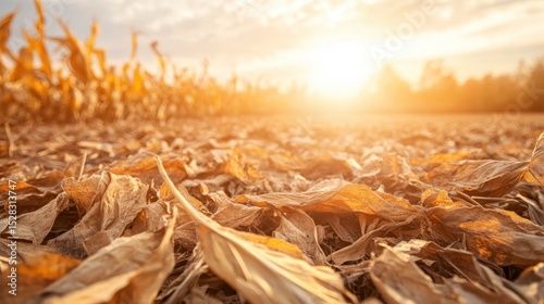 A close-up shot of dried corn husks under the golden light of sunset, capturing the essence of harvest season and the transition from growth to dormancy in agricultural life.