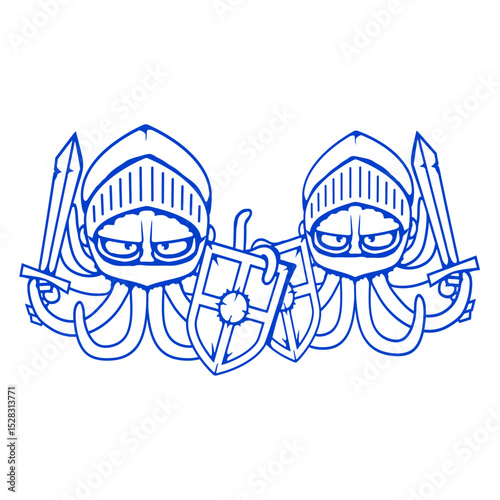 2 Octopus knight medieval two warrior shield sword Isolated Vector Graphic Design Illustration

