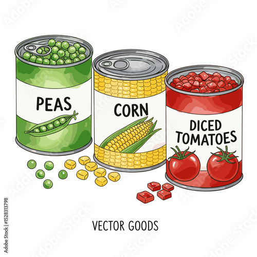 Canned Goods Trio: A vibrantly illustrated trio of canned peas, corn, and diced tomatoes, a colorful display of culinary staples.